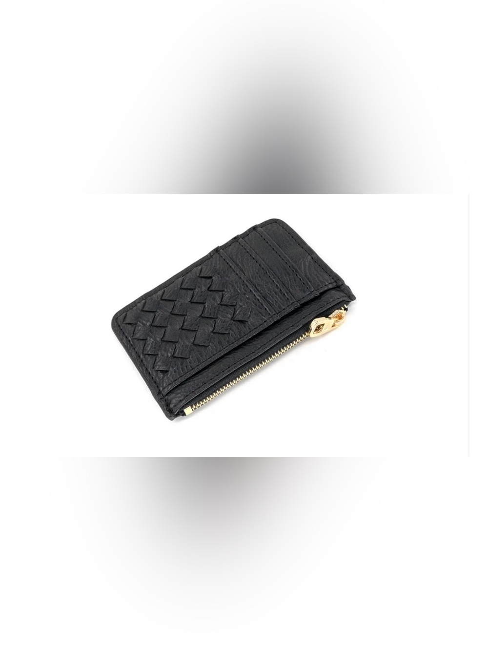 Black Woven Leather Card Holder with Gold Zipper